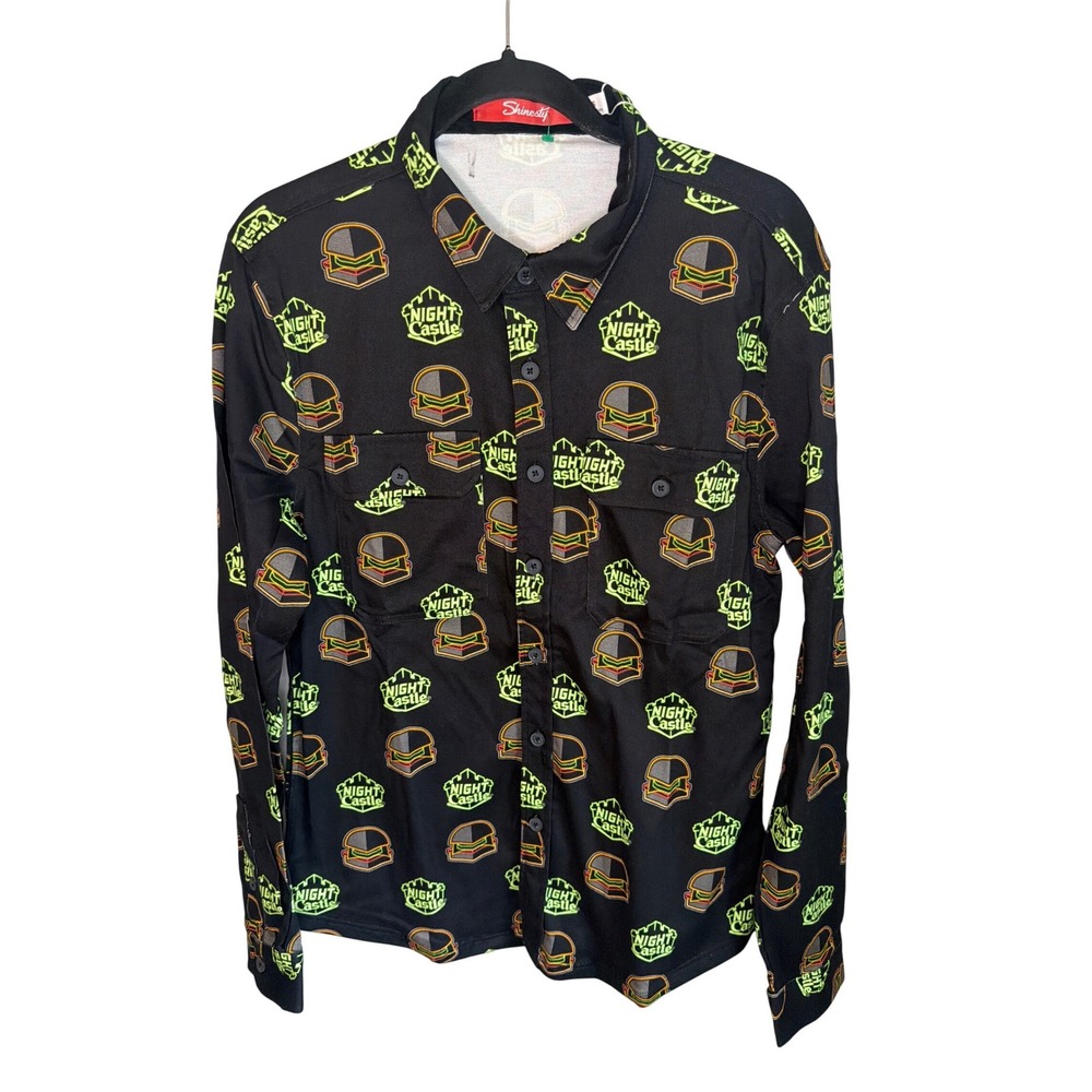 Shinesty Night Castle Mens Neon Burger Print Button Down Western Shirt Small NEW